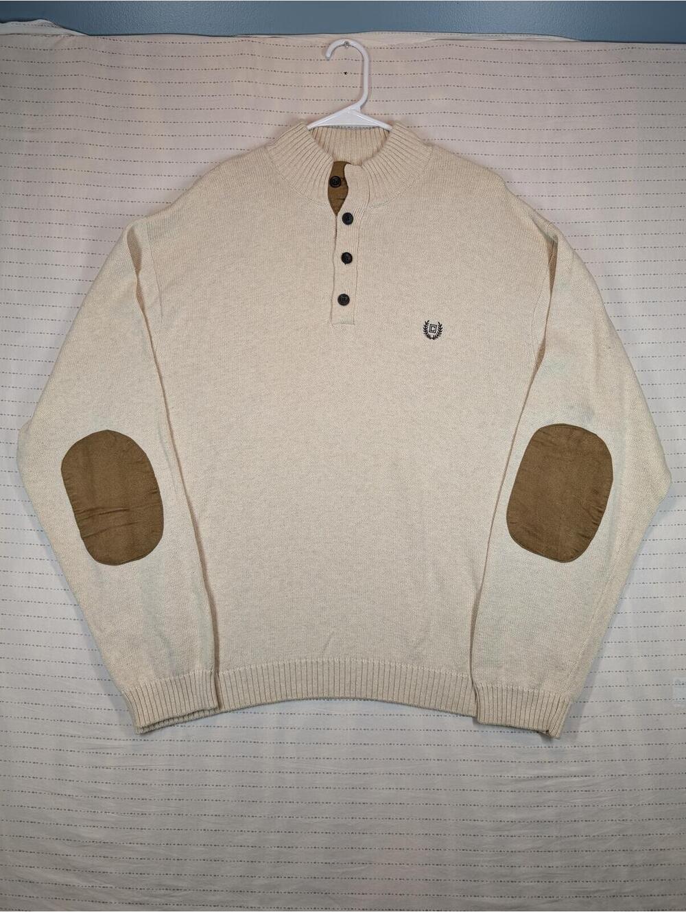 Chaps Mock Neck Elbow Patch Cotton Knit Pullover Sweater Beige Crest Mens XL
